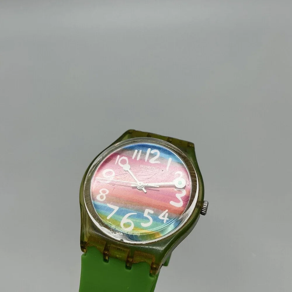 Swatch Color the Sky Mens Watch 34mm Rainbow Dial Green Strap New Battery